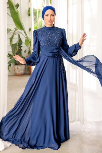 moda selvim Evening Dress 5202PCT864 Indigo - Thumbnail