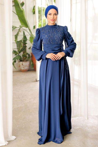 moda selvim Evening Dress 5202PCT864 Indigo - Thumbnail