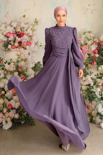 moda selvim Evening Dress 5202PCT864 Lilac - Thumbnail