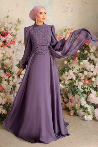 moda selvim Evening Dress 5202PCT864 Lilac - Thumbnail