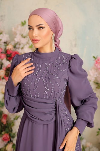 moda selvim Evening Dress 5202PCT864 Lilac - Thumbnail