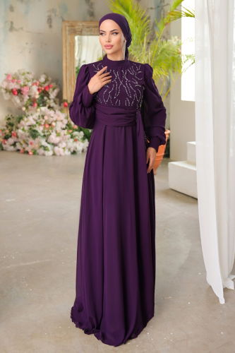 moda selvim Evening Dress 5202PCT864 Purple - Thumbnail