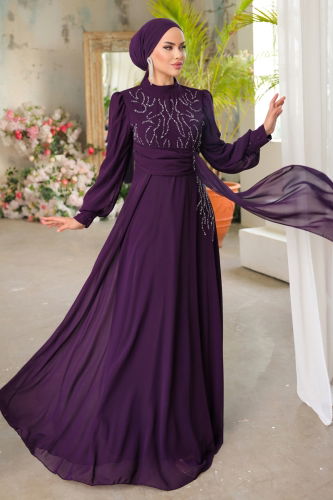 moda selvim Evening Dress 5202PCT864 Purple - Thumbnail