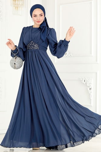 moda selvim EVENING DRESS 5217PCT864 Indigo - Thumbnail