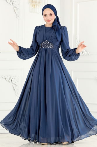 moda selvim EVENING DRESS 5217PCT864 Indigo - Thumbnail