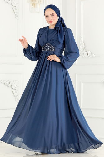 moda selvim EVENING DRESS 5217PCT864 Indigo - Thumbnail