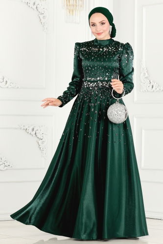 moda selvim Evening Dress 5227PCT864 Emerald - Thumbnail