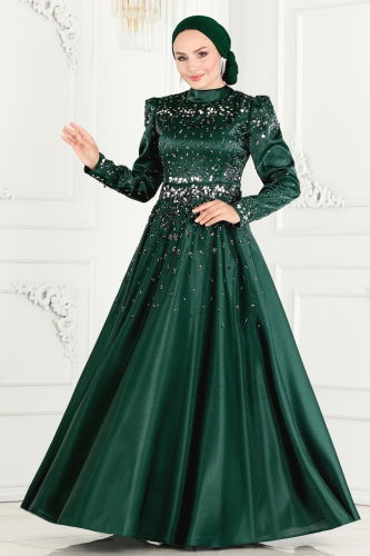 moda selvim Evening Dress 5227PCT864 Emerald - Thumbnail