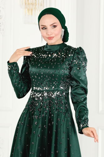 moda selvim Evening Dress 5227PCT864 Emerald - Thumbnail