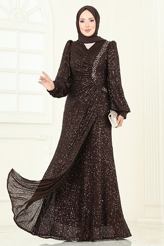 moda selvim Evening Dress 5238D170 Brown - Thumbnail