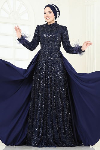 moda selvim Evening Dress 5253D170 Navy Blue - Thumbnail