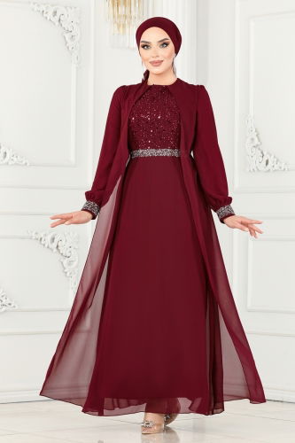 moda selvim Evening Dress 52876ALM181 Burgundy - Thumbnail