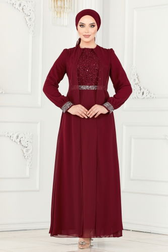 moda selvim Evening Dress 52876ALM181 Burgundy - Thumbnail