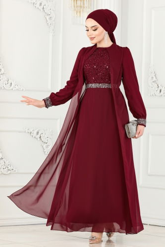 moda selvim Evening Dress 52876ALM181 Burgundy - Thumbnail