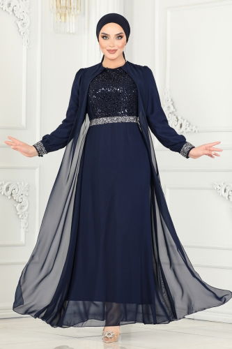 moda selvim Evening Dress 52876ALM181 Navy Blue - Thumbnail