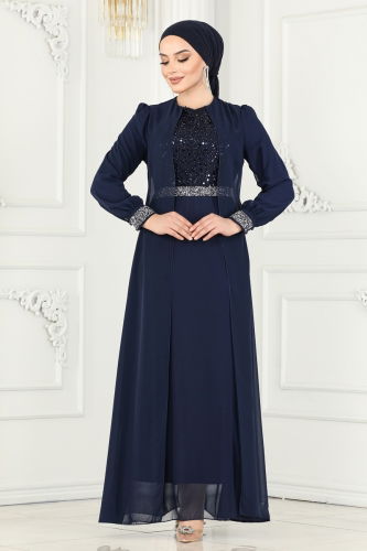 moda selvim Evening Dress 52876ALM181 Navy Blue - Thumbnail