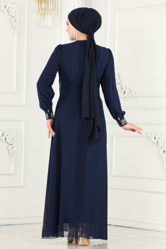 moda selvim Evening Dress 52876ALM181 Navy Blue - Thumbnail