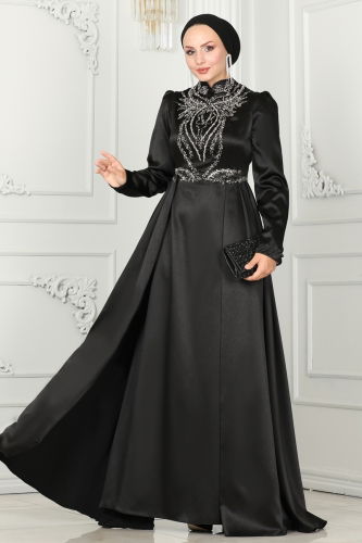 moda selvim Evening Dress 52878ALM181 Black - Thumbnail