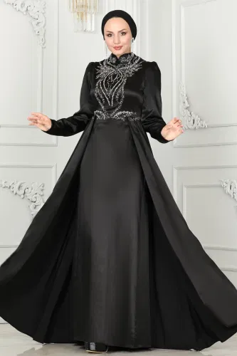 moda selvim Evening Dress 52878ALM181 Black - Thumbnail