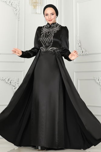 moda selvim Evening Dress 52878ALM181 Black Crocodile - Thumbnail