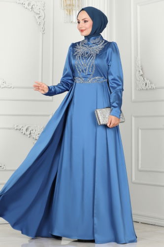 moda selvim Evening Dress 52878ALM181 Blue - Thumbnail