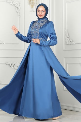 moda selvim Evening Dress 52878ALM181 Blue - Thumbnail