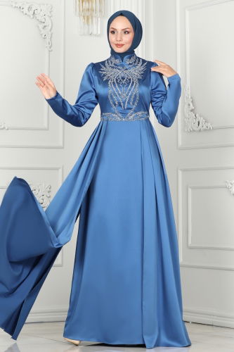 moda selvim Evening Dress 52878ALM181 Blue - Thumbnail