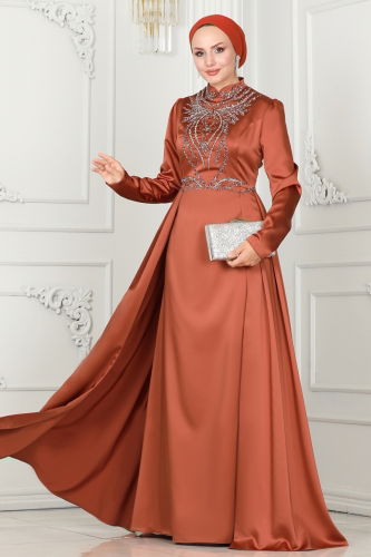 moda selvim Evening Dress 52878ALM181 Copper - Thumbnail