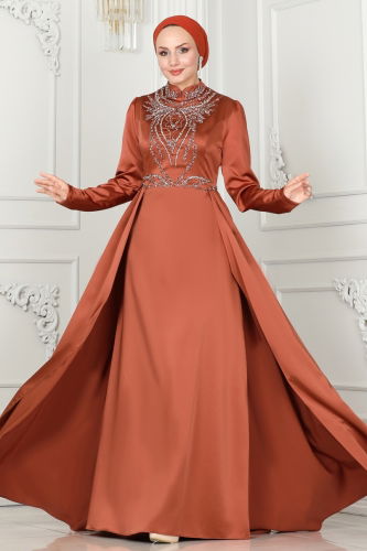 moda selvim Evening Dress 52878ALM181 Copper - Thumbnail