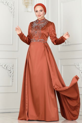 moda selvim Evening Dress 52878ALM181 Copper - Thumbnail