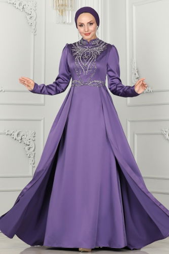 moda selvim Evening Dress 52878ALM181 Dark Lilac - Thumbnail