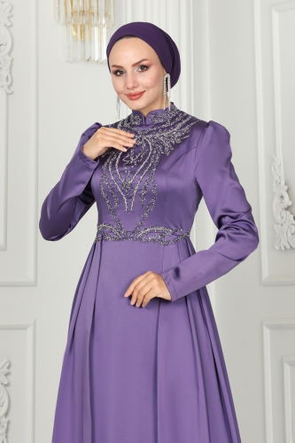 moda selvim Evening Dress 52878ALM181 Dark Lilac - Thumbnail