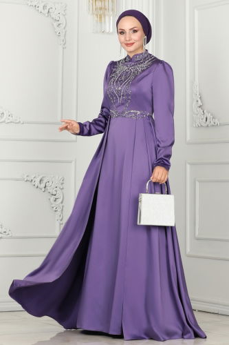 moda selvim Evening Dress 52878ALM181 Dark Lilac - Thumbnail