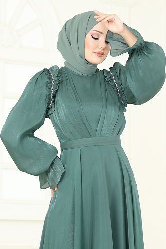 moda selvim Evening Dress 5287D170 Almond Green - Thumbnail