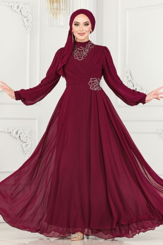 moda selvim EVENING DRESS 52882ALM181 Cherry - Thumbnail