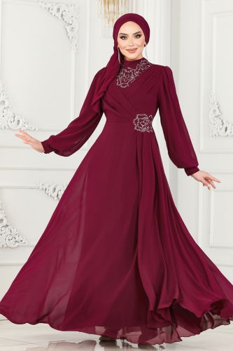 moda selvim EVENING DRESS 52882ALM181 Cherry - Thumbnail