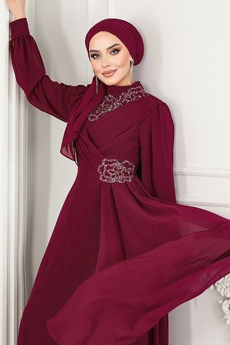 moda selvim Evening Dress 52882ALM181 Cherry - Thumbnail