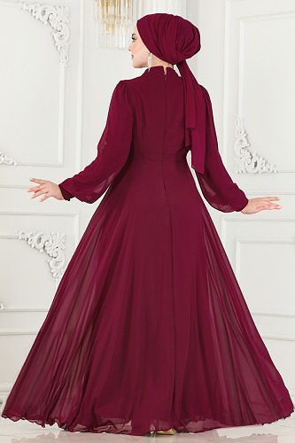 moda selvim Evening Dress 52882ALM181 Cherry - Thumbnail