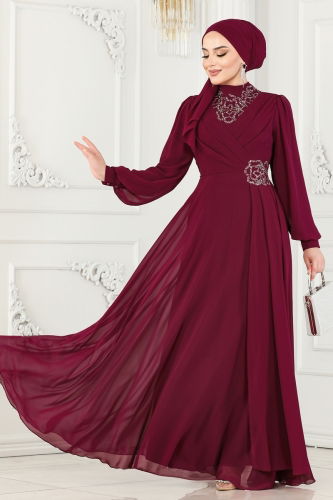 moda selvim EVENING DRESS 52882ALM181 Cherry - Thumbnail