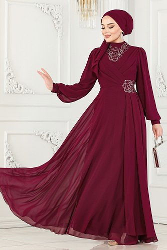 moda selvim Evening Dress 52882ALM181 Cherry - Thumbnail