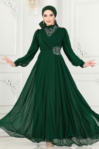 moda selvim Evening Dress 52882ALM181 Emerald - Thumbnail