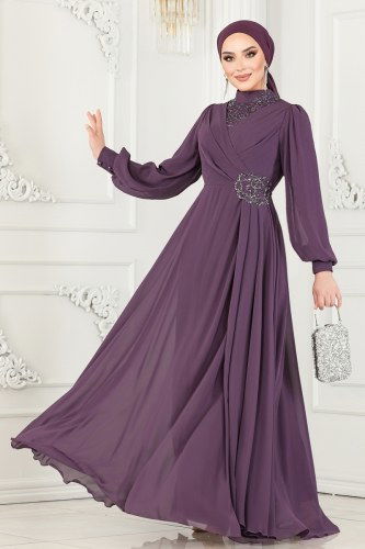 moda selvim فستان سهرة ليلكي 52882ALM181 - Thumbnail
