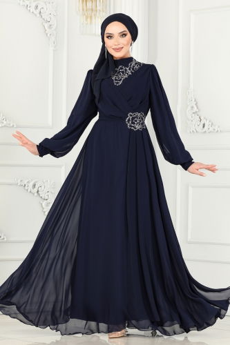 moda selvim Evening Dress 52882ALM181 Navy Blue - Thumbnail