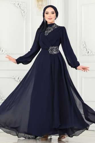 moda selvim Evening Dress 52882ALM181 Navy Blue - Thumbnail