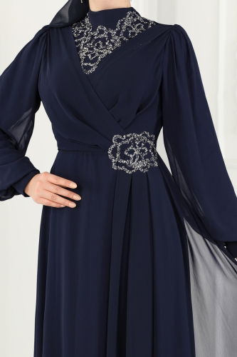 moda selvim Evening Dress 52882ALM181 Navy Blue - Thumbnail