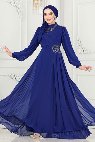 moda selvim فستان سهرة نيلي 52882ALM181 - Thumbnail