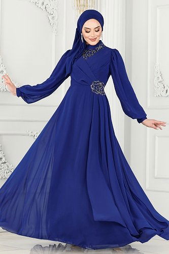 moda selvim فستان سهرة نيلي 52882ALM181 - Thumbnail