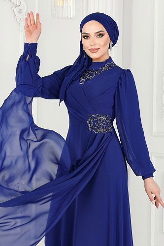 moda selvim فستان سهرة نيلي 52882ALM181 - Thumbnail