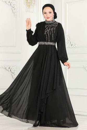 moda selvim Evening Dress 52885ALM181 Black - Thumbnail