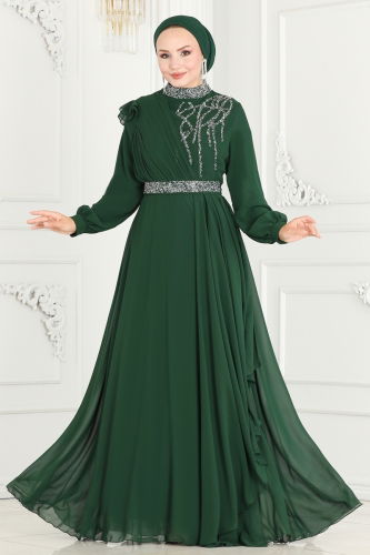 moda selvim Evening Dress 52885ALM181 Emerald - Thumbnail